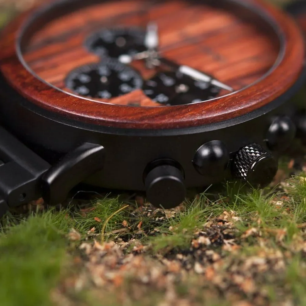 🆕Bobo Bird Quartz Men Red Wood & Stainless Steel Combined Chronograph Watches